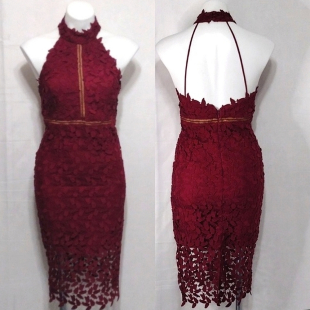 Bardot Revolve Burgundy Lace Halter Open Back Dress Size 6 Elegant Chic Party